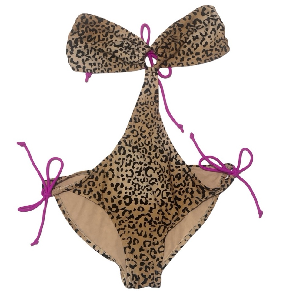 Leopard Animal Print Strapless One Piece Side Cutout Beige Adjustable Swimsuit - Picture 8 of 9